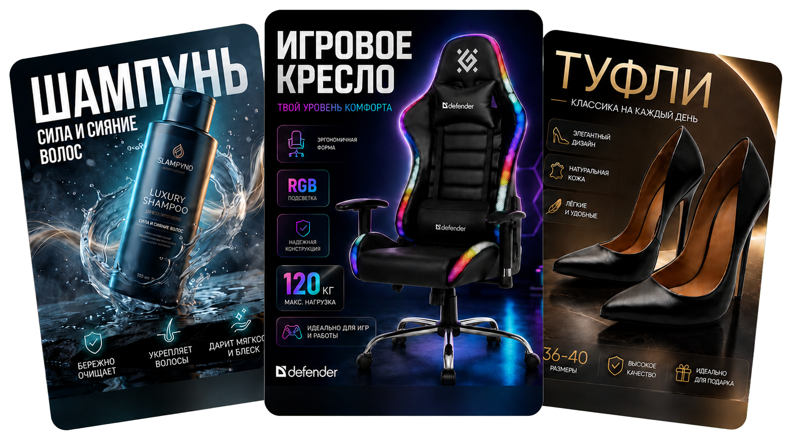 Композиция из трёх коммерческих карточек товара: маркетплейс, центральный визуал и рекламная подача